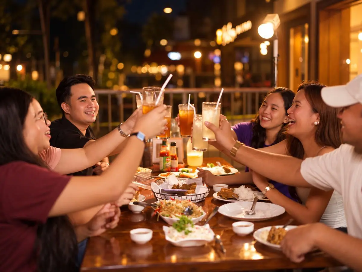 Friends raising their drinks across a long dinner table at night