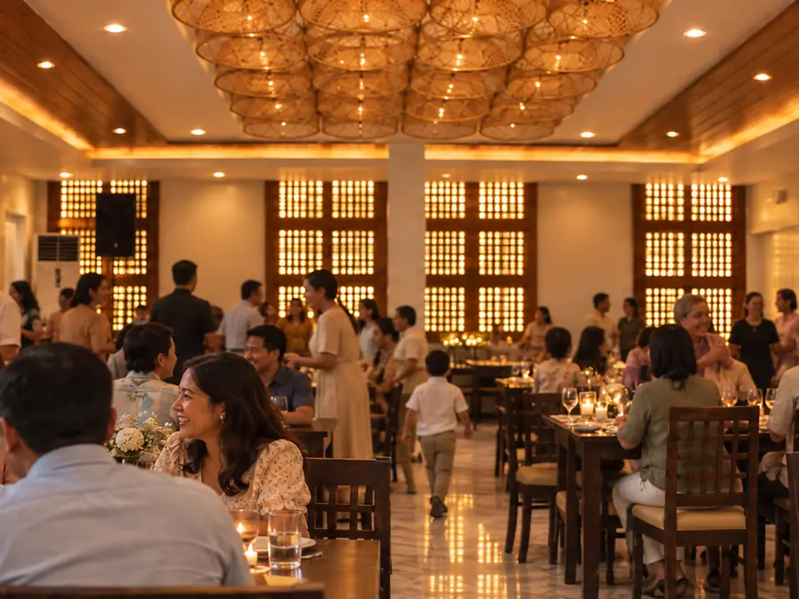 Families gathered at long tables for a celebration inside Tilipunan, warm light from a rattan chandelier